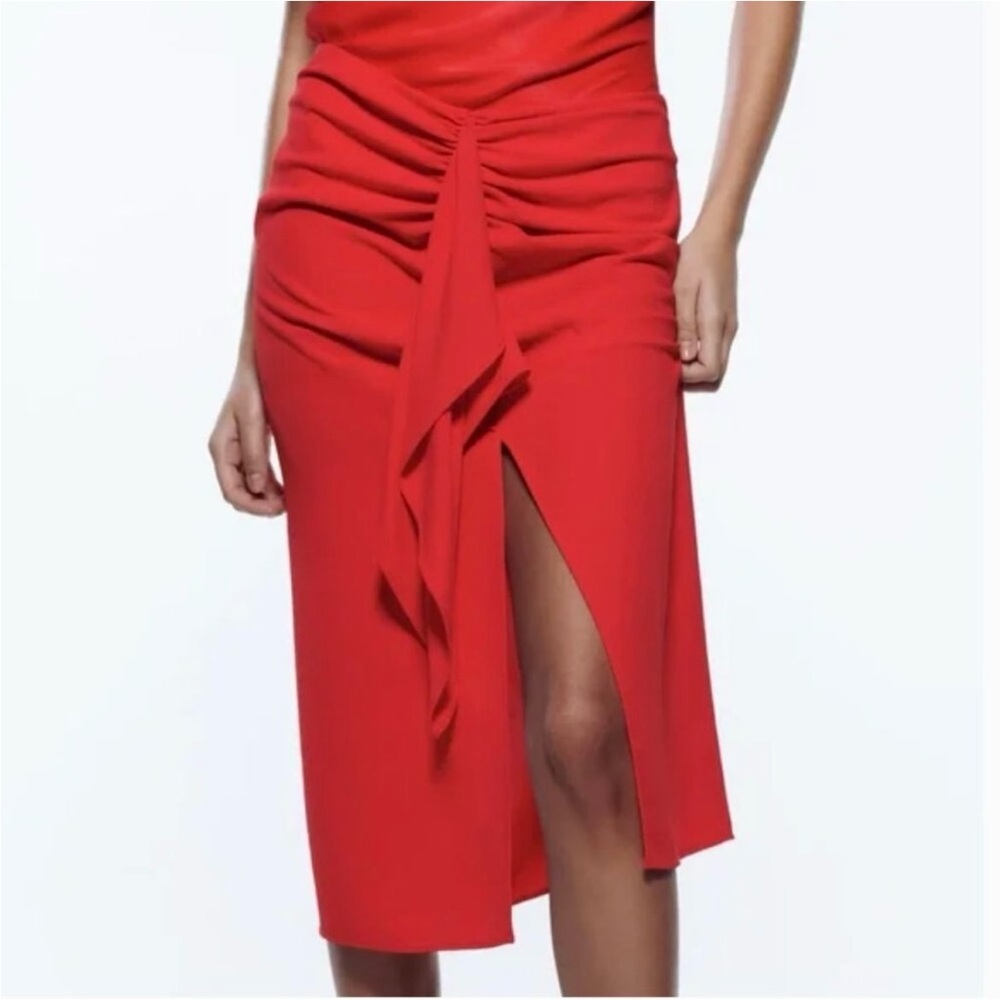 Zara Red Ruffle Midi Skirt M Medium NWT Ruched Draped High Waist Elegant Holiday
